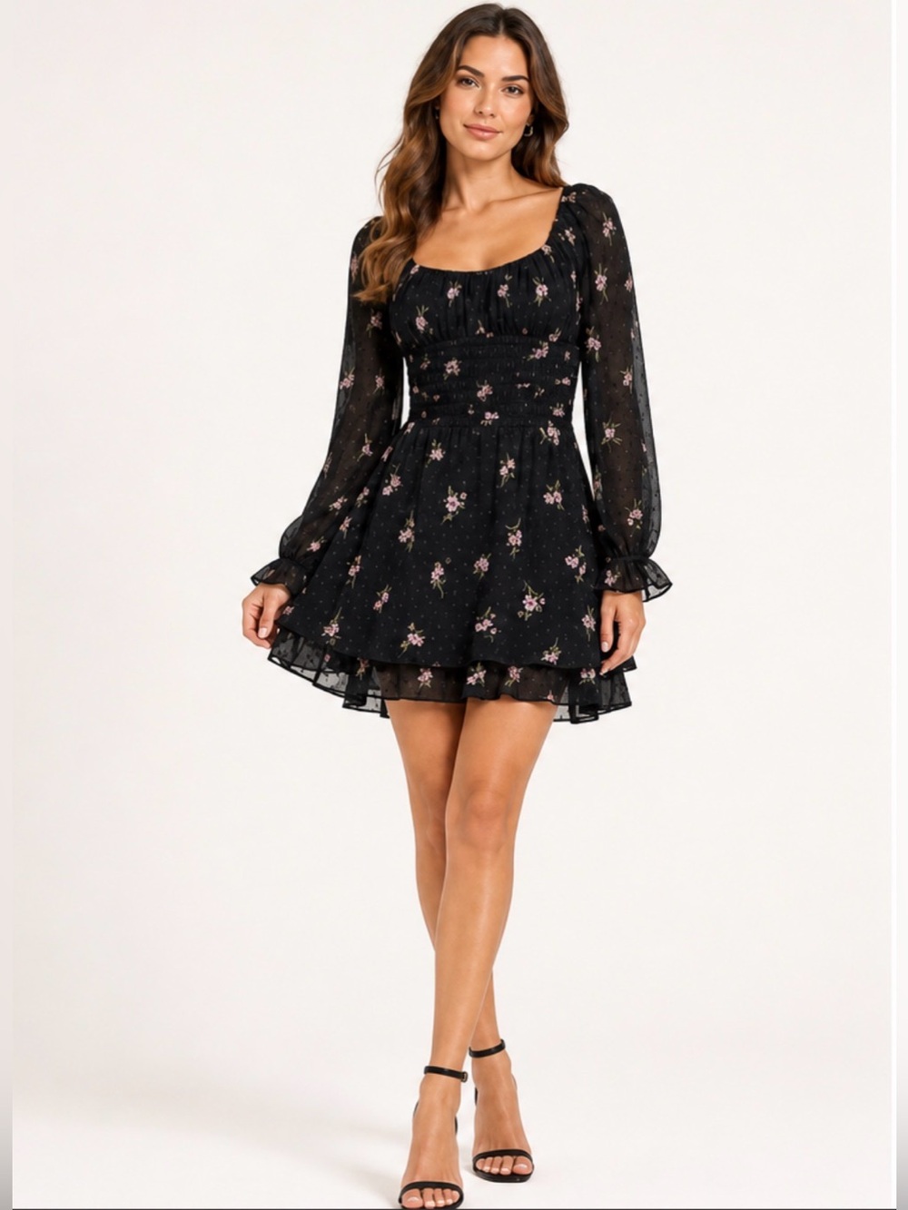 Thirty/Thirty LA Black Pink Floral Sheer Sleeve Smocked Waist Mini Dress Large